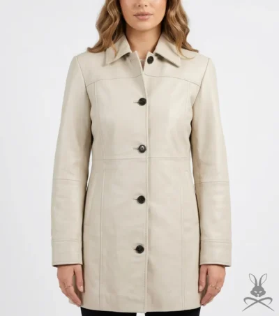 Women's Off White 3/4 Length Real Leather Coat