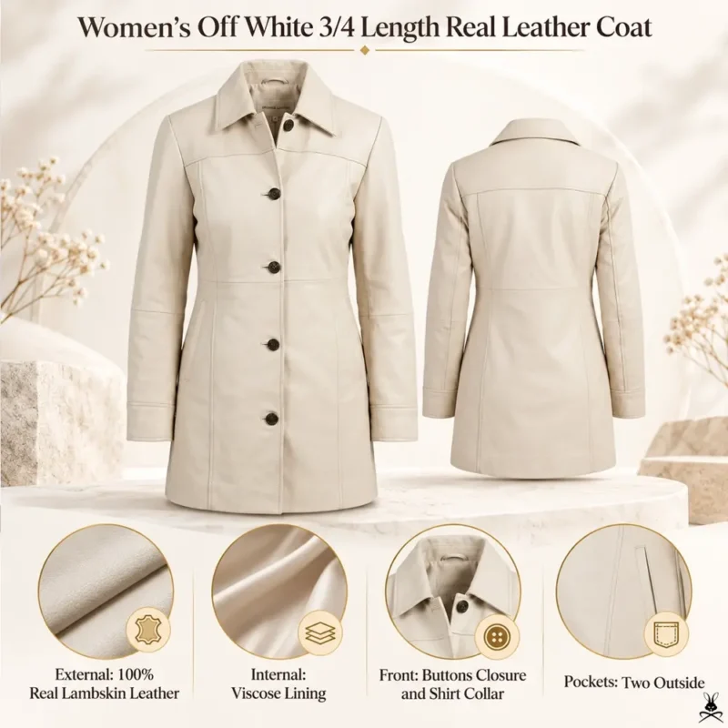 Women’s Off White 34 Length Real Leather Coat info graph