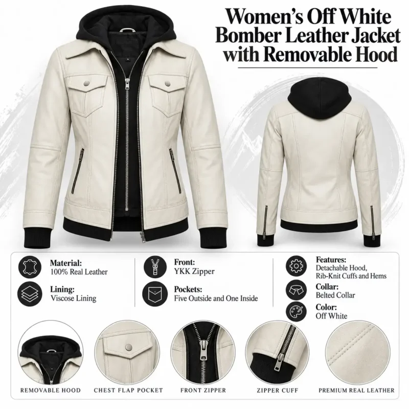 Womens Off White Bomber Leather Jacket with Removable Hood info graph