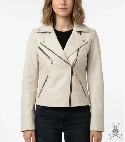 Womens Off White Leather Moto Jacket