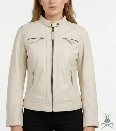 Women's Off White Quilted Real Leather Biker Jacket