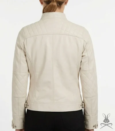 Women's Off White Quilted Real Leather Biker Jacket back