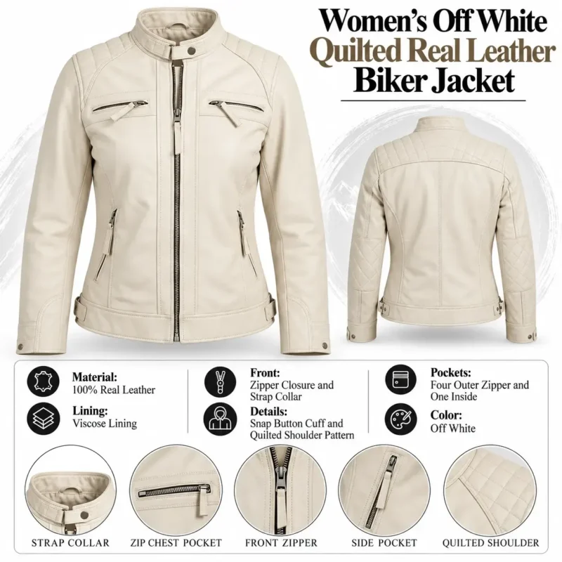 Womens Off White Quilted Real Leather Biker Jacket info graph