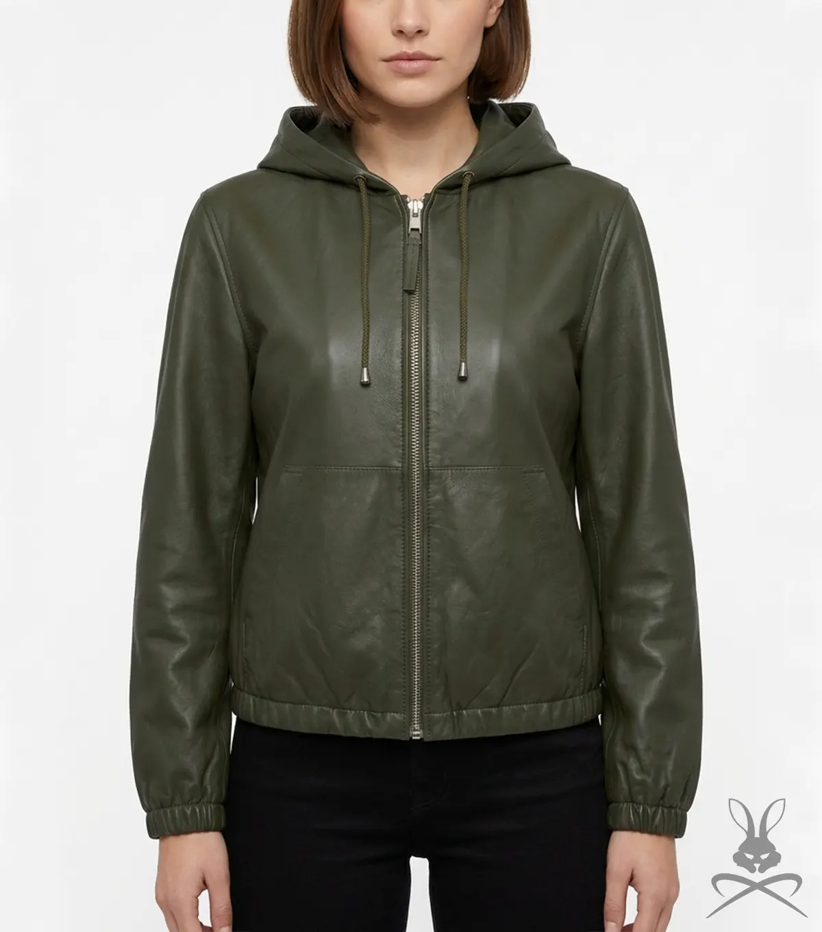 Womens Olive Leather Hoodie