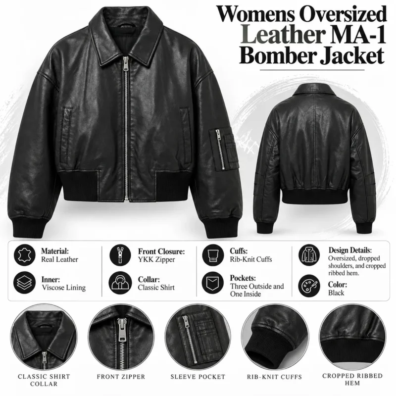 Womens Oversized Leather MA-1 Bomber Jacket info graph