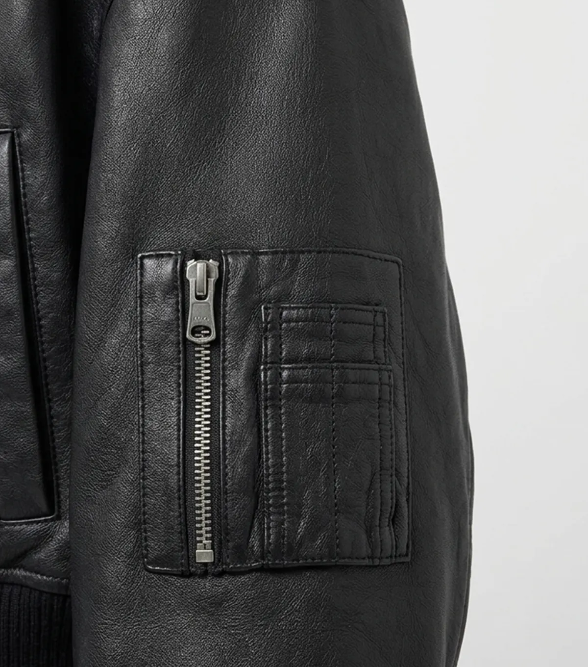 Womens Oversized Leather MA-1 Bomber Jacket sleeve pocket