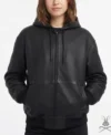 Womens Pebbled Leather Zip Up Hoodie Jacket