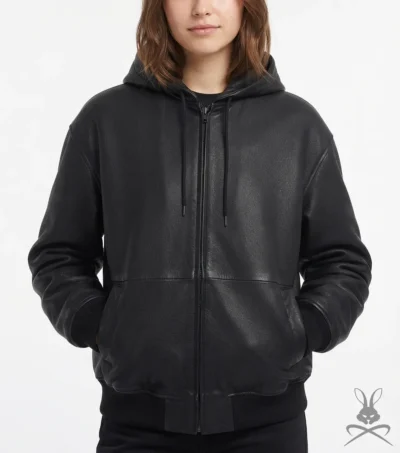 Womens Pebbled Leather Zip Up Hoodie Jacket