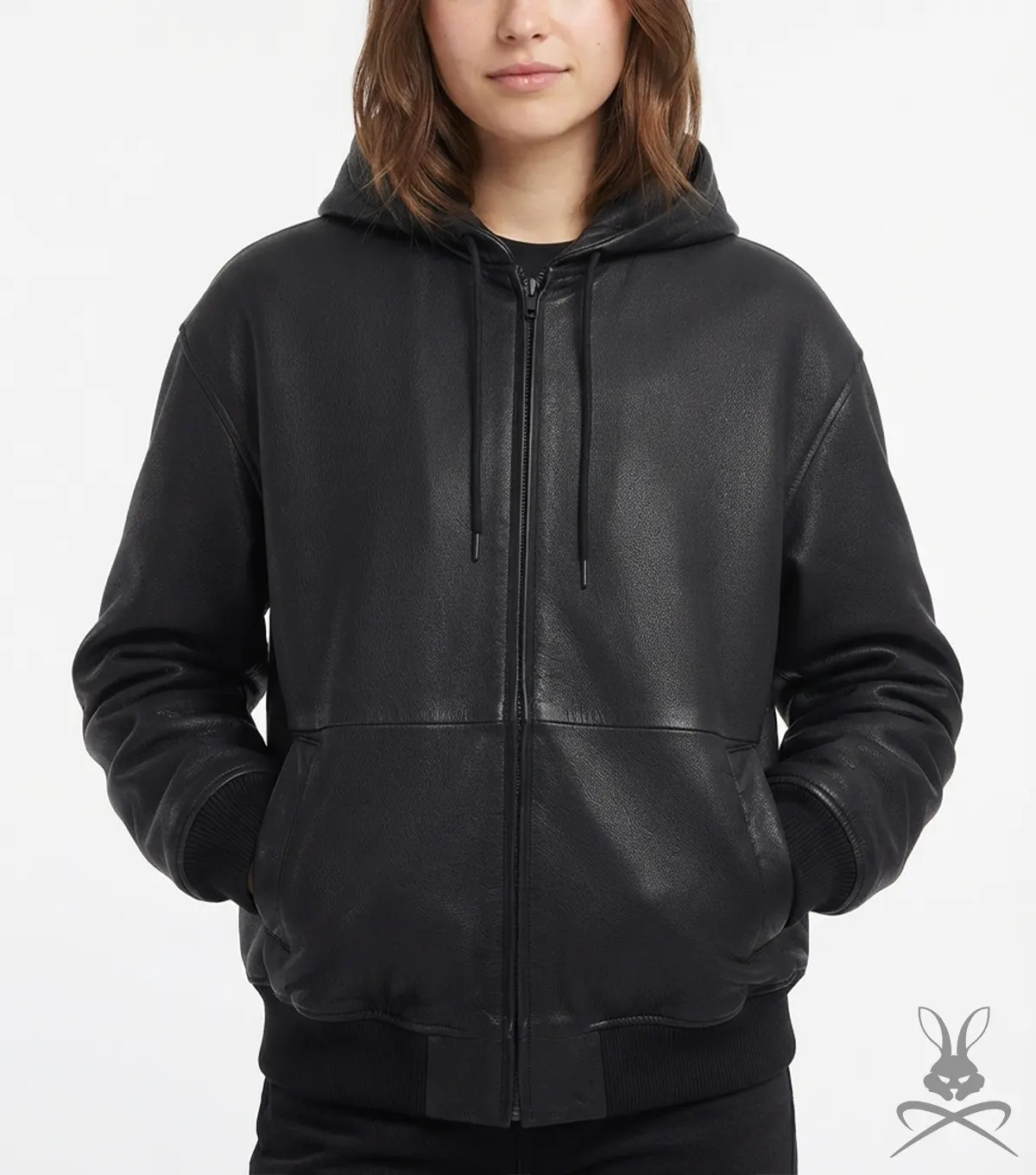 Womens Pebbled Leather Zip Up Hoodie Jacket