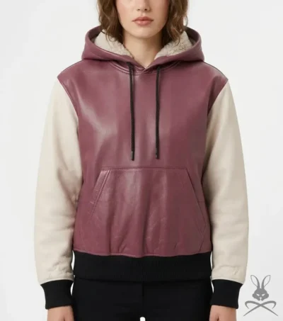 Womens Pink and White Leather Pullover Hoodie