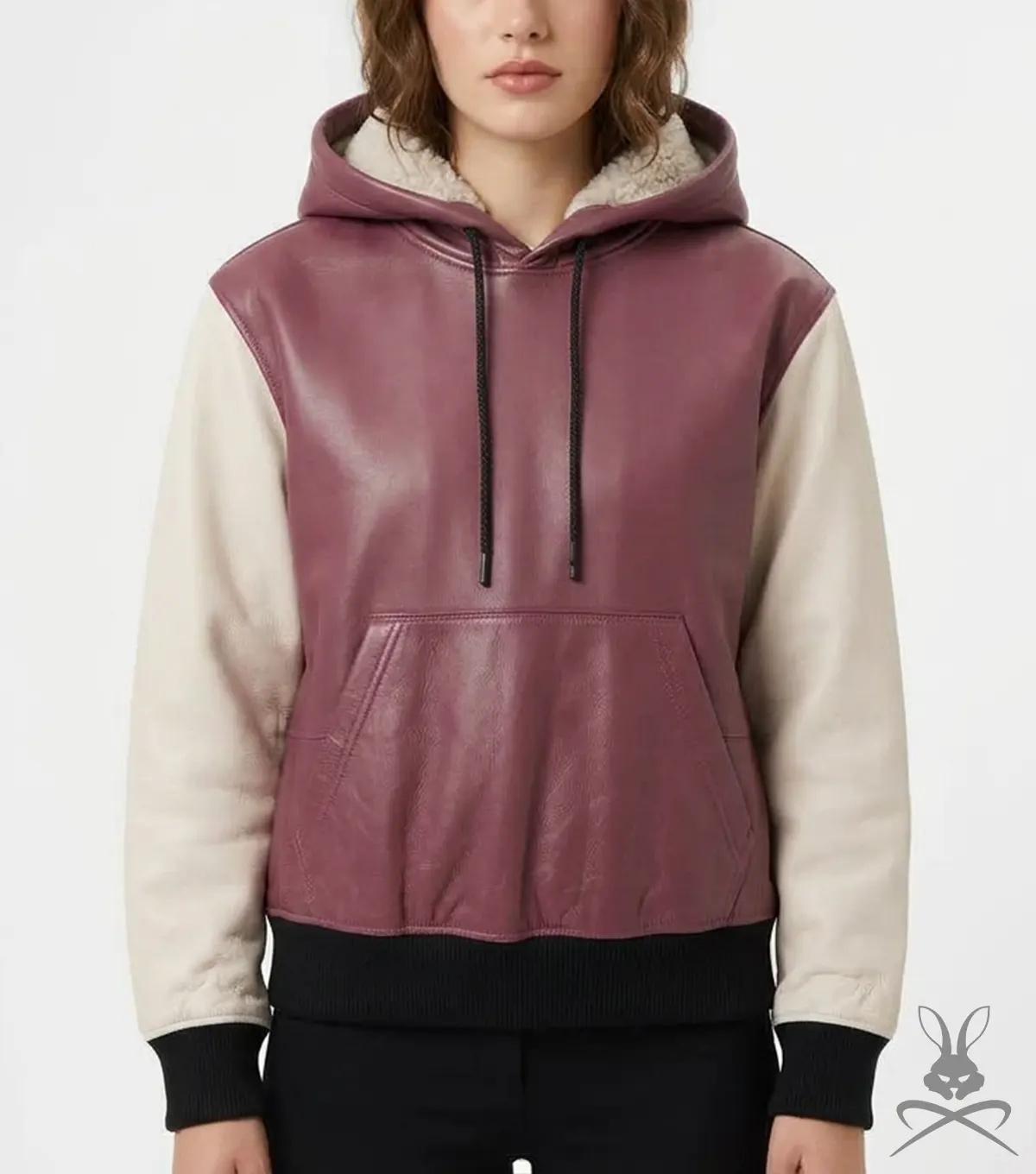 Womens Pink and White Leather Pullover Hoodie