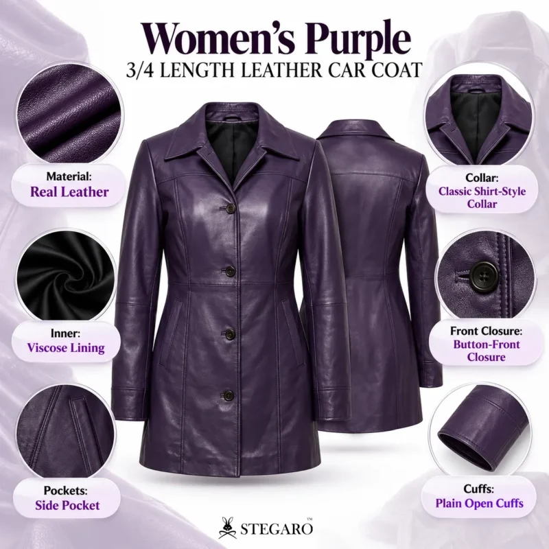 Women’s Purple 3/4 Length Leather Car Coat info graph