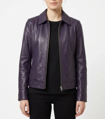 Women's Purple Shirt Collar Real Leather Jacket