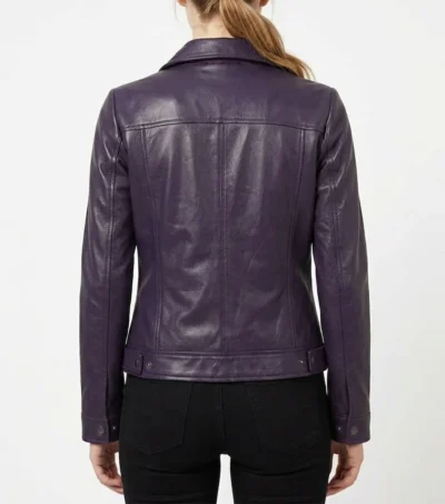 Women's Purple Shirt Collar Real Leather Jacket back