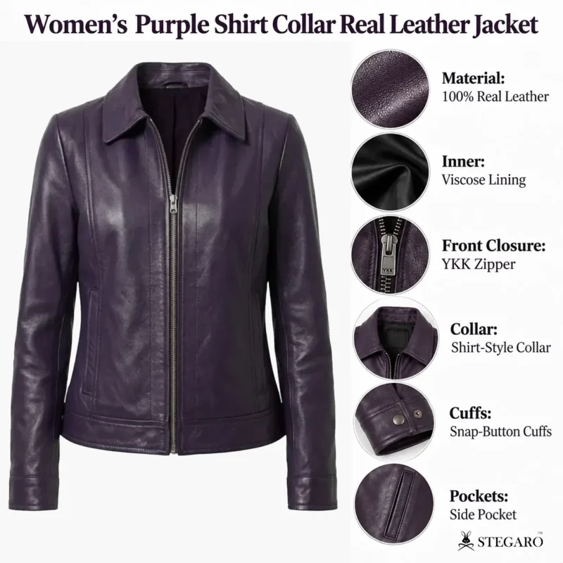 Womens Purple Shirt Collar Real Leather Jacket info graph