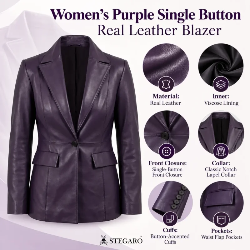 Womens Purple Single Button Real Leather Blazer info graph