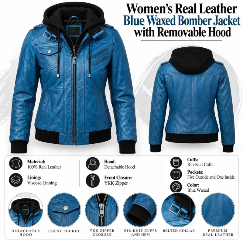 Womens Real Leather Blue Waxed Bomber Jacket with Removable Hood info graph