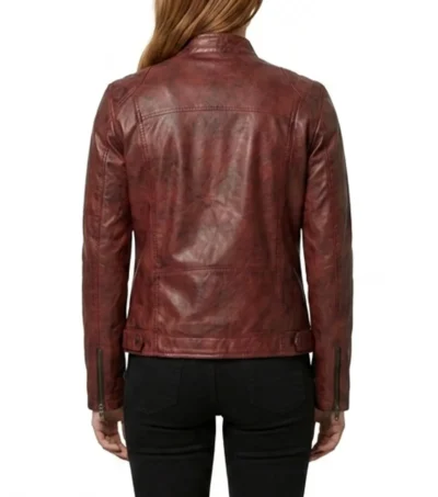 Womens Red Distressed Leather Biker Jacket back