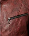 Womens Red Distressed Leather Biker Jacket chest pocket