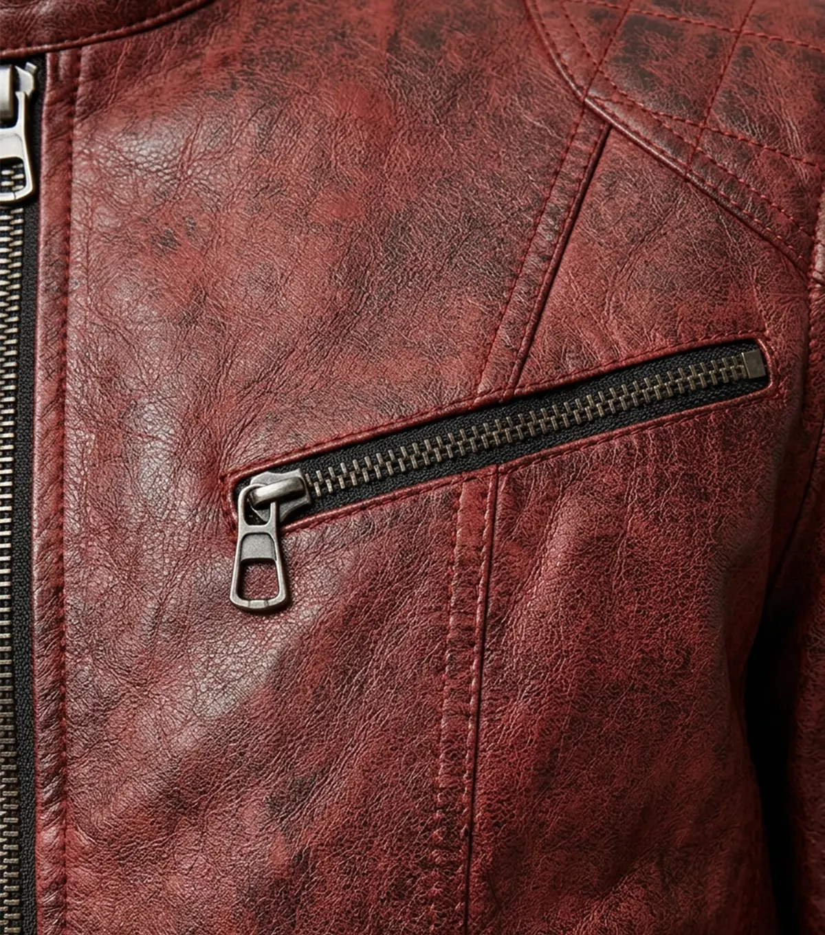 Womens Red Distressed Leather Biker Jacket chest pocket