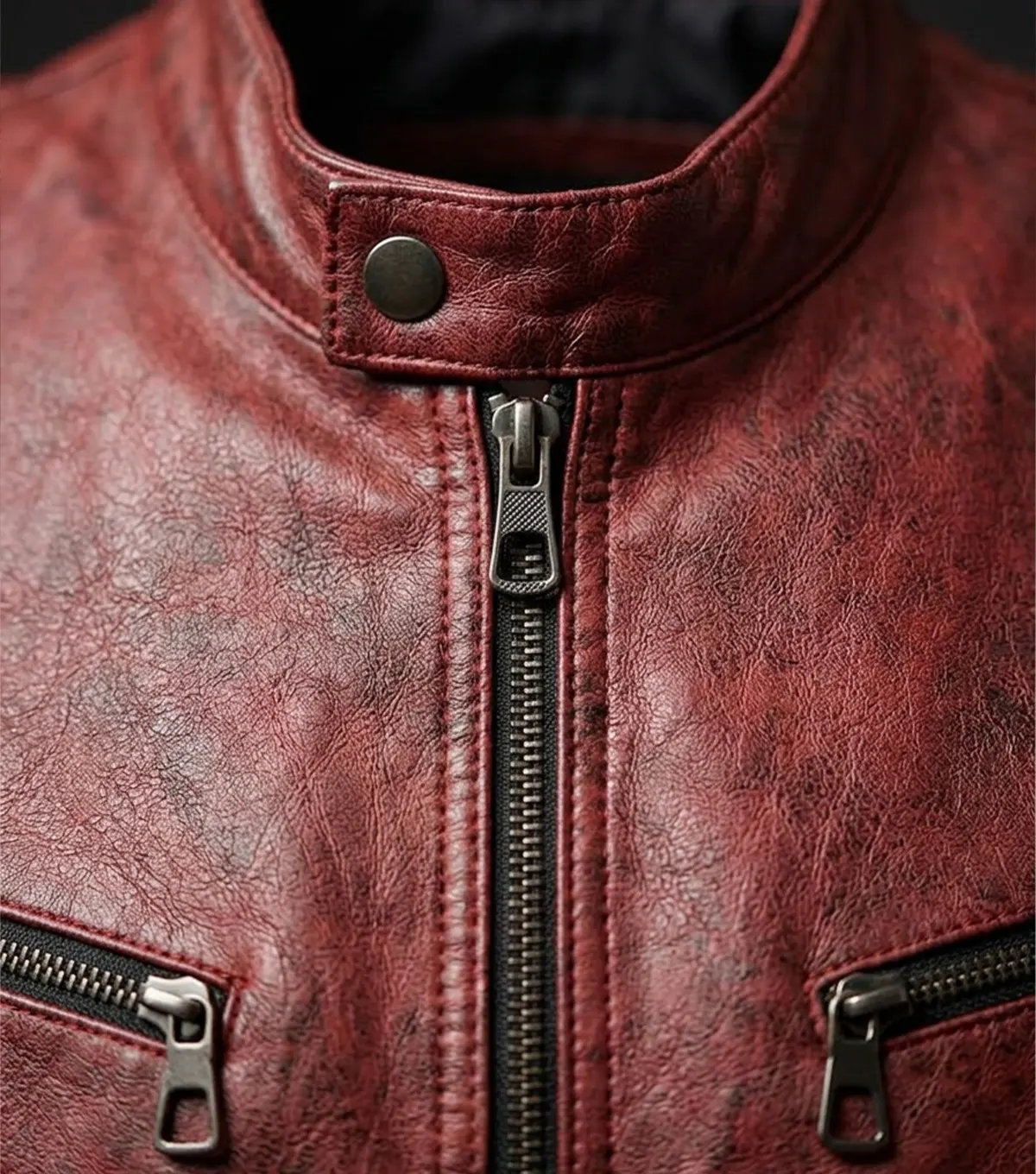 Womens Red Distressed Leather Biker Jacket close up