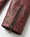 Womens Red Distressed Leather Biker Jacket cuffs