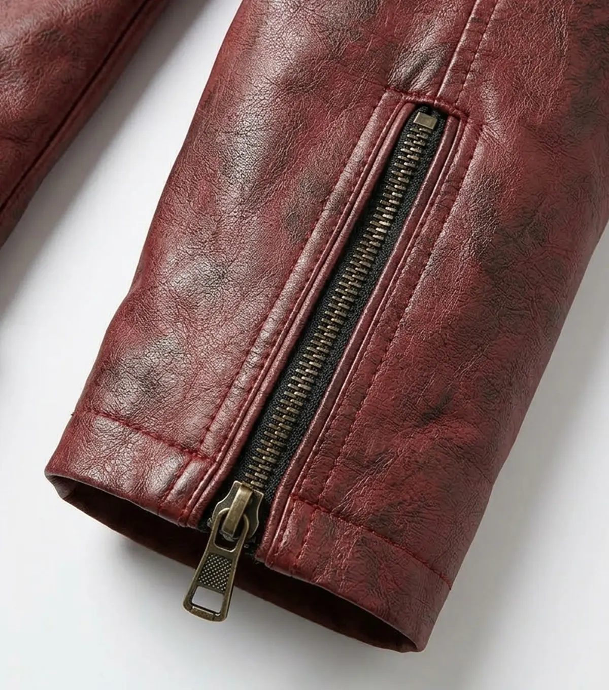 Womens Red Distressed Leather Biker Jacket cuffs