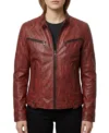 Womens Red Distressed Leather Biker Jacket