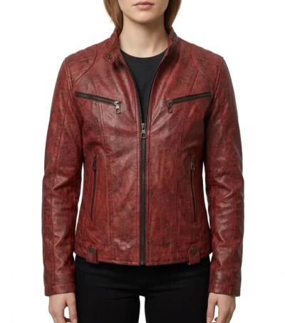 Womens Red Distressed Leather Biker Jacket