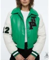 Womens Varsity Bomber Leather Jacket In Green & White Sleeves