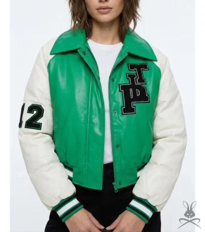 Womens Varsity Bomber Leather Jacket In Green & White Sleeves