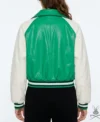 Womens Varsity Bomber Leather Jacket In Green & White Sleeves back