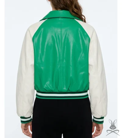 Womens Varsity Bomber Leather Jacket In Green & White Sleeves back