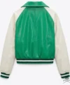 Womens Varsity Bomber Leather Jacket In Green & White Sleeves back view