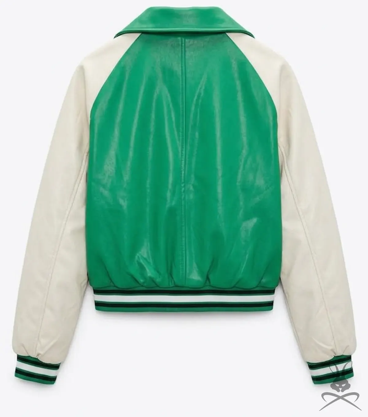 Womens Varsity Bomber Leather Jacket In Green & White Sleeves back view