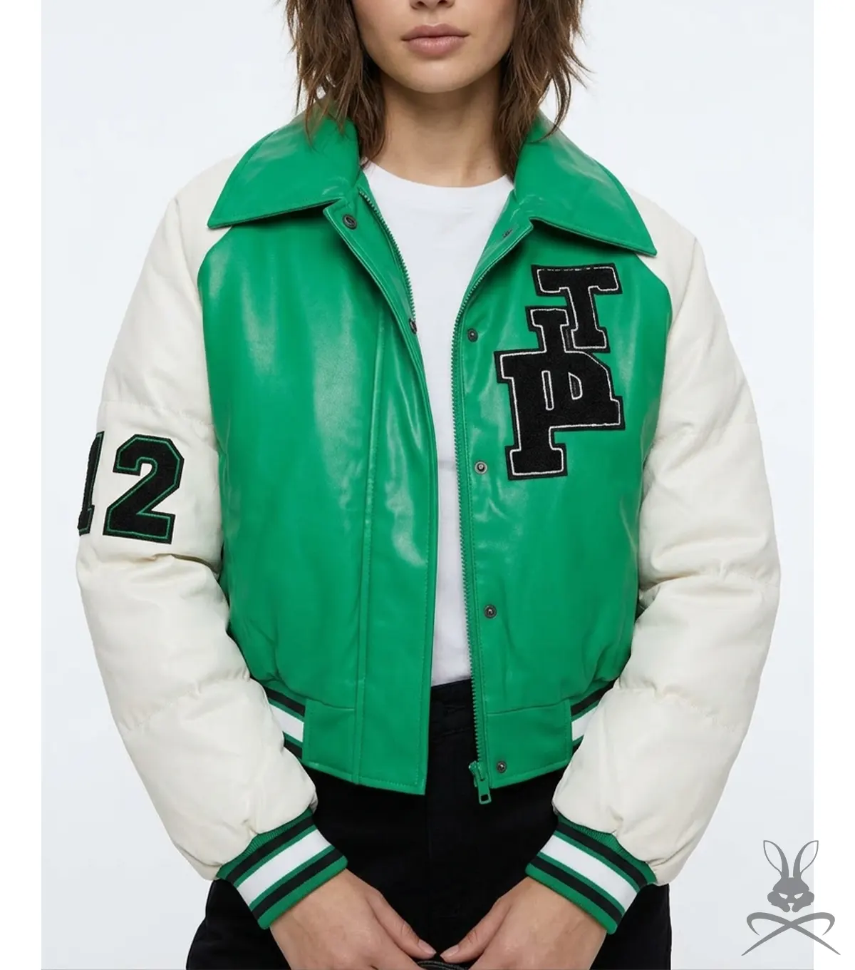 Womens Varsity Bomber Leather Jacket In Green & White Sleeves