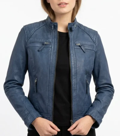 Women's Washed Blue Real Leather Biker Style Jacket