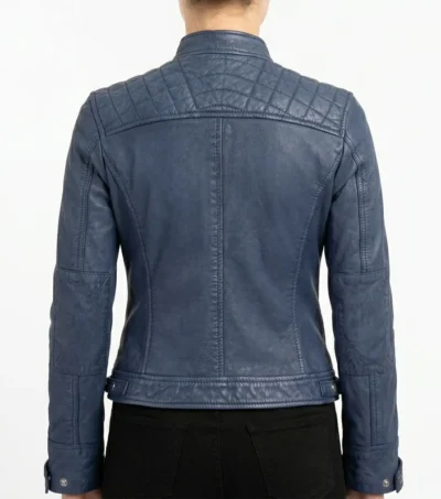 Women's Washed Blue Real Leather Biker Style Jacket back