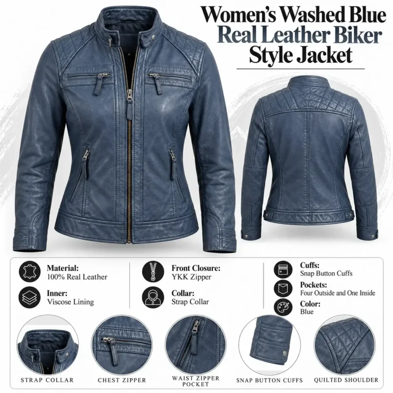 Women’s Washed Blue Real Leather Biker Style Jacket info graph