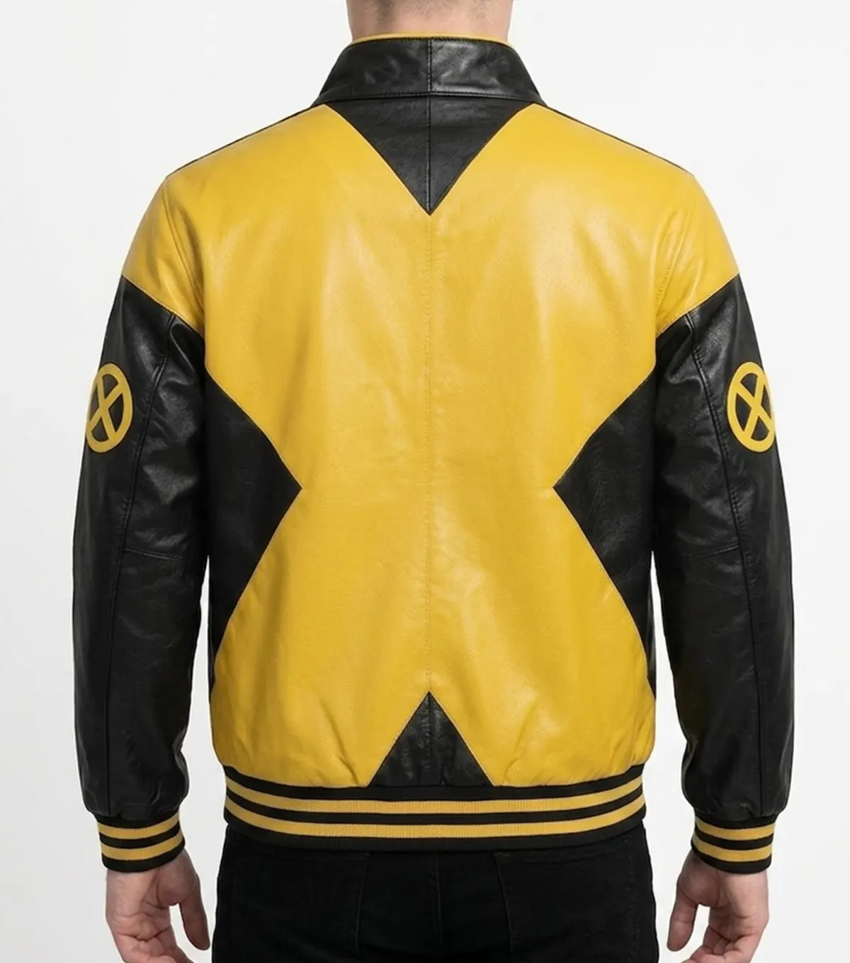X Men Bomber Jacket Yellow Black Real Leather back