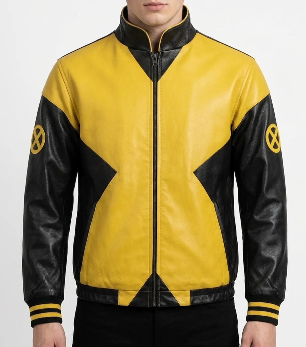 X Men Bomber Jacket Yellow Black Real Leather