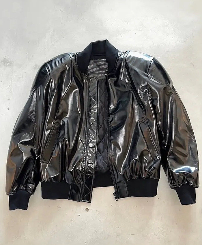 Ye Second Homecoming Concert Live Travis Scott Glossy Black Leather Jacket Front