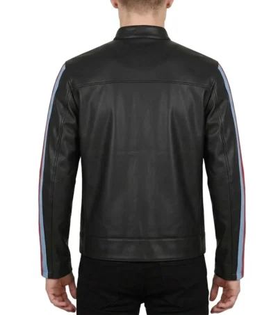 Zarkelo Black Leather with Red and Blue Striped Jacket back view