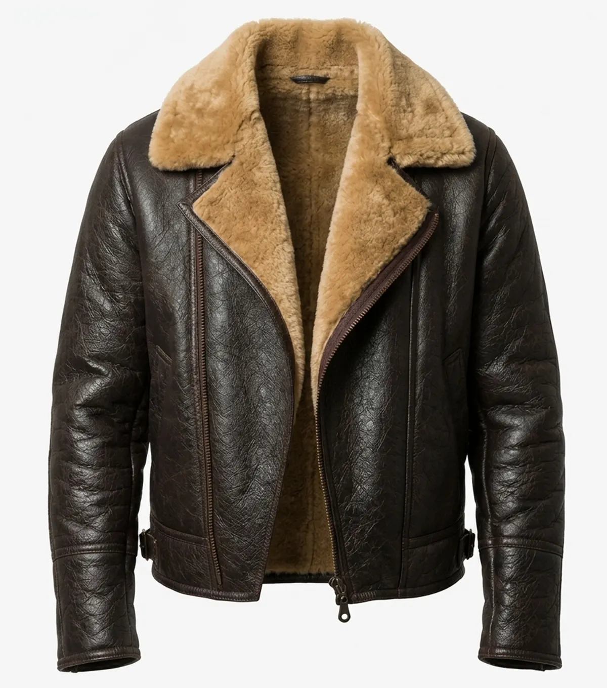 buy Brown Leather Zipper Jacket With Shearling Lining