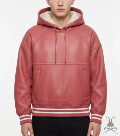 mens Coral Red Leather Sweatshirt