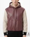 mens Pink and White Leather Pullover Hoodie