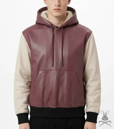 mens Pink and White Leather Pullover Hoodie