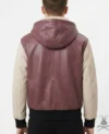 mens Pink and White Leather Pullover Hoodie back view