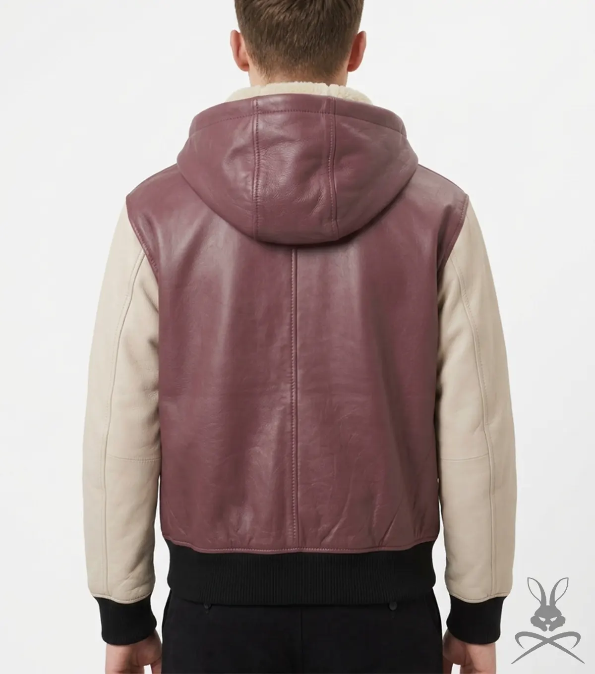 mens Pink and White Leather Pullover Hoodie back view
