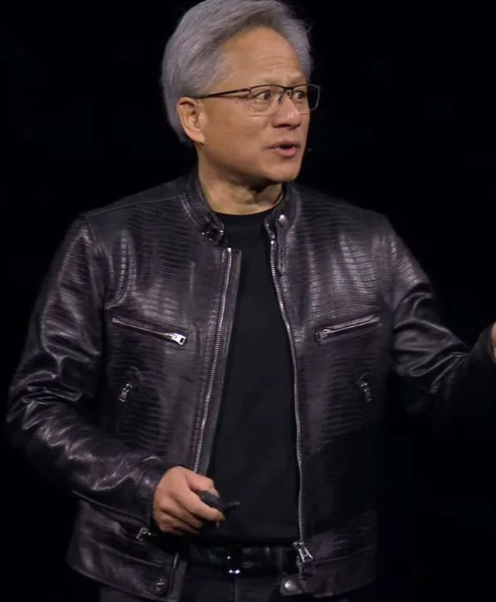 2026 Jensen Huang Black Leather Motorcycle Jacket Front